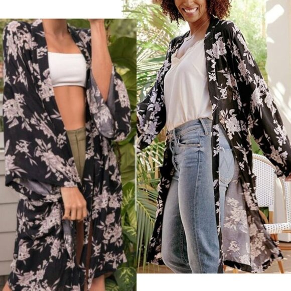 Spiritual Gangster Maya Black Floral Print Kimono One Size